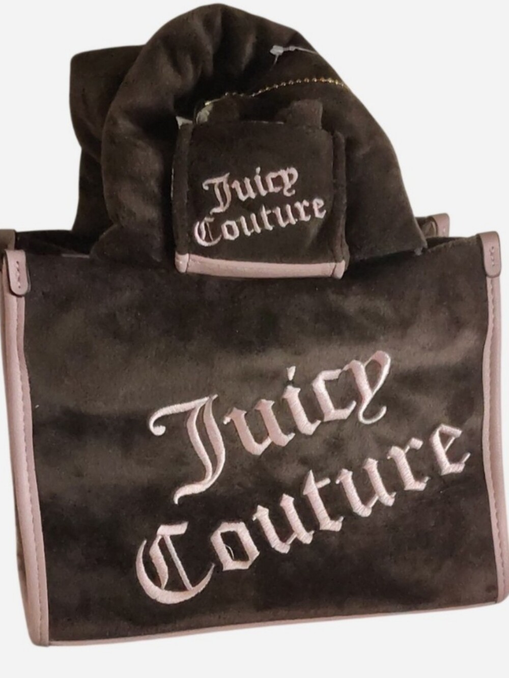 Juicy Couture Chocolate Velvet Tote with Pink Trim and Embroidered Logo